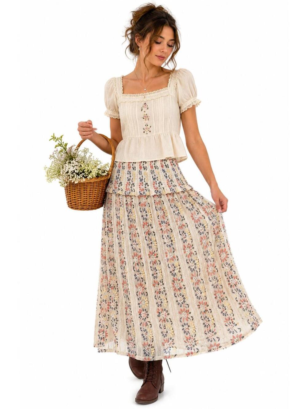 Cristina Lace Floral Prairie Maxi Skirt – Cottagecore Boho Romantic Mesh Overlay